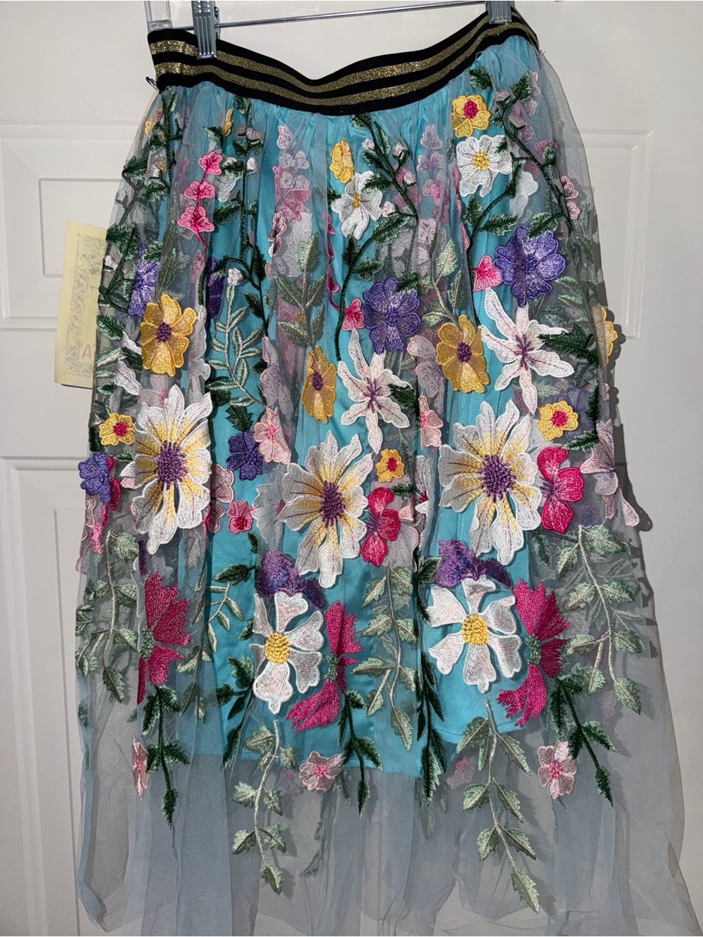 Aratta Silent Journey. Floral Embroidered Tulle Midi Skirt w/ Aqua. Sz XL - Picture 6 of 7